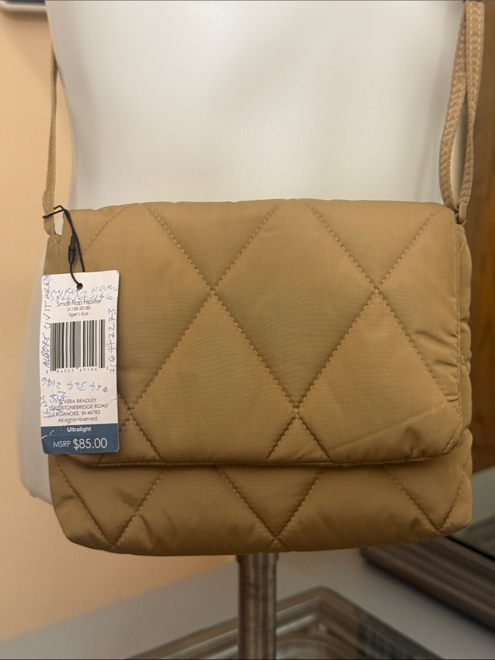 Vera Bradley Small Flap Hipster Tiger’s Eye Quilted Crossbody Bag in Camel Tan
